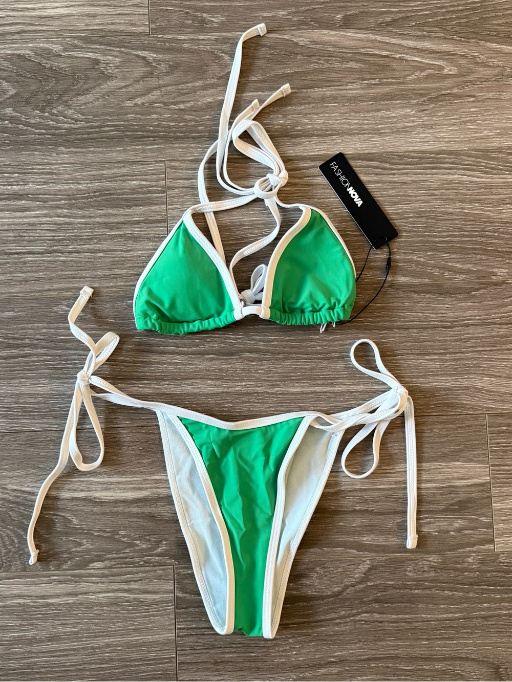 Green and White Tie-Side Triangle Bikini
